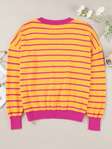 Orange Striped Round Neck Drop Shoulder Sweater