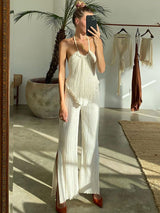 Solid Halter Neck Pleated Backless Set