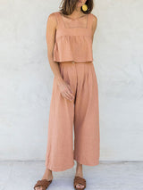 Linen Sleeveless Button Up Top & Long Pants Set