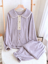 Long Sleeve Collared Panel Lace Pajama Set