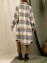 Lapel Pocket Patch Long Plaid Shirt Jacket