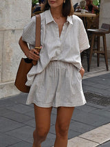 Striped Short Sleeve Shirt With Shorts Set