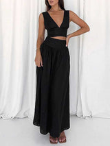 V Neck Top & High Waist Skirt Set