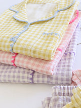 Cotton Shell Embroidery Trim Plaid Pajama Set