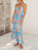 Square Neck Printed Blue Maxi Dress