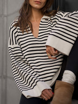 Lapel Striped Loose Pullover Knit Sweater