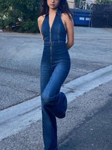 V Neck High Waist Denim Jumpsuit