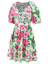 V Neck Flower Print Lantern Sleeve Mini Dress