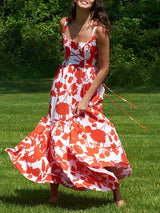 Sleeveless Red Flowers Print Maxi Dress