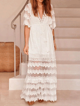 Lace Boho V-Neck Short Sleeve Maxi Dress