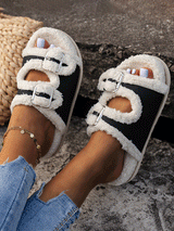 Plush Buckle Strap Slippers