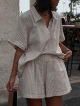 Striped Short Sleeve Shirt With Shorts Set