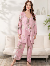 3Pcs Print Camisole Top Cardigan Pajama