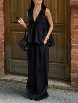 V Neck Sleeveless Vest & Long Pant Set