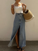 Split Long Denim Maxi Skirt