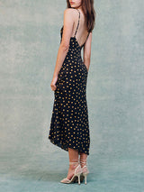 Polka Dot Print V Neck Black Midi Dress