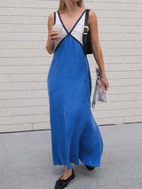 V Neck Contrast Color Maxi Dress