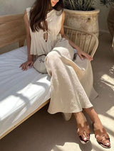 Linen Ruffles Lace Up Top & Long Skirt Set