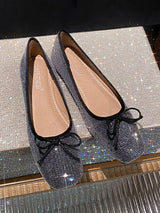 Square Toe Sequin Bow Flat Ballet Flats