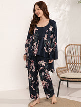 3Pcs Print Camisole Top Cardigan Pajama