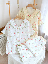 Cherry Print Color Block Cotton Cotton Pajamas