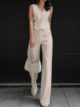 Button Front V-neck Vest & Pleated Long Pants