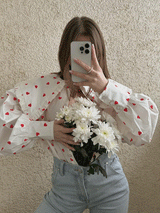 Ruffled Trim Collar Heart Polka Dot Button Shirt