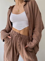 2Pcs Loose Solid Shirt Lounge Set