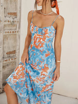 Square Neck Printed Blue Maxi Dress