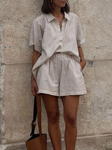 Striped Short Sleeve Shirt With Shorts Set