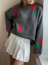 Round Neck Rose Print Sweater