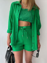 Lapel Shirt Drawstring Shorts Set