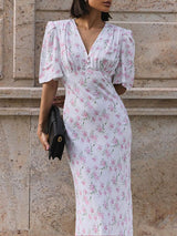 Short Sleeve V Neck Floral Midi Dress