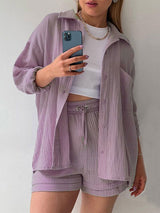 Lapel Shirt Drawstring Shorts Set