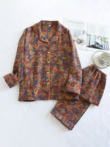 2Pcs Vintage Floral Printed Cotton Pajama Set