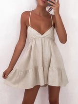 Linen V-Neck Tiered Mini Dress