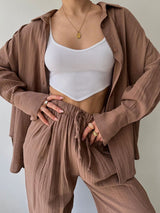 2Pcs Loose Solid Shirt Lounge Set