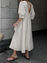 Linen Puff Sleeve V-Neck A-Line Maxi Dress