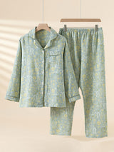 Vintage Floral Print Long Sleeve Cotton Pajama Set