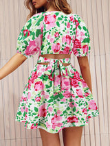 V Neck Flower Print Lantern Sleeve Mini Dress