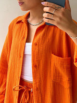 Lapel Shirt Drawstring Shorts Set