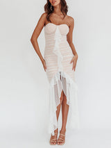 Strapless Pleated Mesh Midi Dress