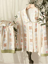 Bear and Floral Print Cotton Pajamas