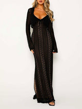 2Pcs Lace V Neck Split Long Dress