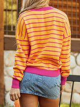 Orange Striped Round Neck Drop Shoulder Sweater