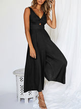 V Neck Hollow Pleated Wide Leg Jumpsuits