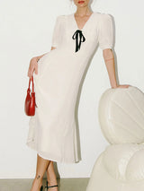 French Puff Sleeve Midi White Dress