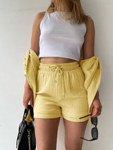 Lapel Shirt Drawstring Shorts Set