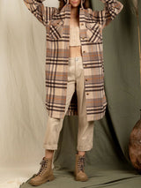 Lapel Pocket Patch Long Plaid Shirt Jacket