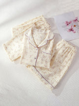 Small Floral Printed Short Sleeve 3Pcs Pajama Set